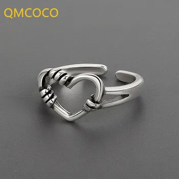 QMCOCO 2021 סגנון חדש צבע כסף טבעות נשים לב צורה בציר חתונה אופנתי תכשיטים פתח מתכוונן טבעות