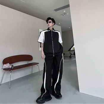 SYUHGFA גברים של מכנסיים ערכות קצר שרוול הז ' קט משולבים תפרים בצבע זכר אופנה קוריאנית שרוך המכנסיים 2023 אביב החדשה