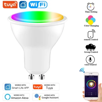 Tuya Gu10 WiFi חכם נורת LED עובד עם אלקסה הבית של Google RGBCW אורות המנורה חכם החיים אפליקציה מרחוק בקרת התזמון נורות 85-265V
