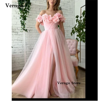 Verngo פייה ורודה קו טול זמן שמלות ערב את הכתף 3D פרחים שסף שמלות לנשף נשים הכלה רשמי שמלת מסיבת