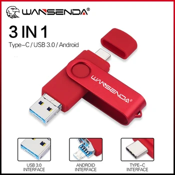 WANSENDA USB TYPE C USB 3.0 Flash Drive כונן עט 512GB 256GB 128GB 64GB 32GB מהירות גבוהה Pendrive USB C & MicroUSB מקל זיכרון
