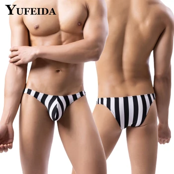 YUFEIDA 1/2/3/5pcs גברים תחתוני התחתונים מפוספסים הדפסה פוליאסטר עלייה נמוכה תחתונים קצרים ביקיני לנשימה קוקה פס Underpant
