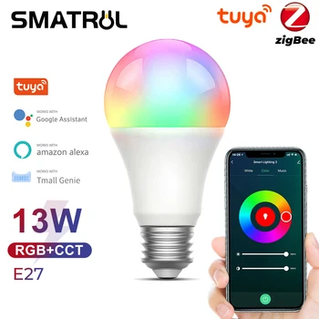 Zigbee Tuya 13W נורה E27 RGB מנורת LED ניתן לעמעום תזמון עם חכם החיים אפליקציה שליטה קולית על הבית של Google אלקסה