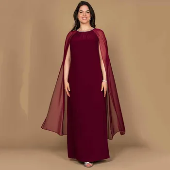 אלגנטי סקופ בורגנדי אמא שמלות עמודת שיפון מסיבת חתונה שמלות ארוכות גלימה עם שרוולים אמא של החתן שמלות 2023