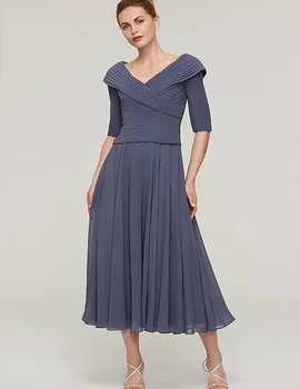 אפור קו-אמא של שמלת הכלה אלגנטית צוואר V קפלים תה שיפון באורך כלה מסיבת שמלה Customed החלוק דה נשף