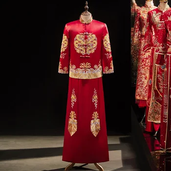 בציר אלגנטי מזרחי דרקון אדום רקמה, ואגלי טאנג חליפות בגדים לחתן, שמלה סינית חתונה בסגנון טוסט תחפושות