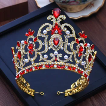 בציר המלך המלכה העטרת כתרים הבארוק מתכת זהב אדום קריסטל פרל כתר הכלה החתונה אביזרי שיער נשים תכשיטי שיער