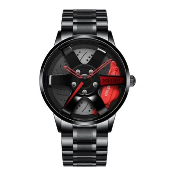 האופנה גברים של עור שחור רצועת שעון היד של גברים גלגל רכב שמור אופנה ספורט השעון קוורץ Mesh רים רכזת לצפות Relojes 2023