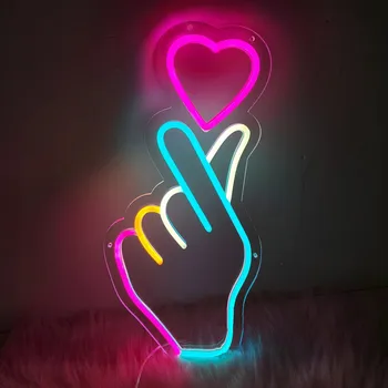 האצבע לב שלטי ניאון פרימיום K-פופ היד על הלב שלט Led - ורוד מסמל אהבה האורות על שולחן המחשב קיר עיצוב,משחק עיצוב חדר