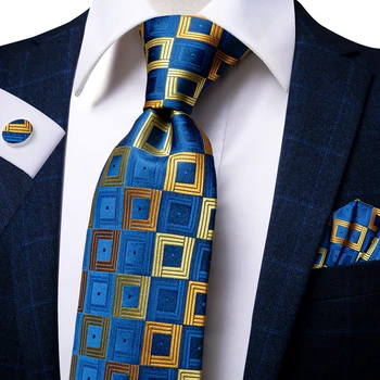 היי-תקשור חדש צהוב כחול משבצות של הגברים העניבה להגדיר משי יוקרתי 8.5 ס 