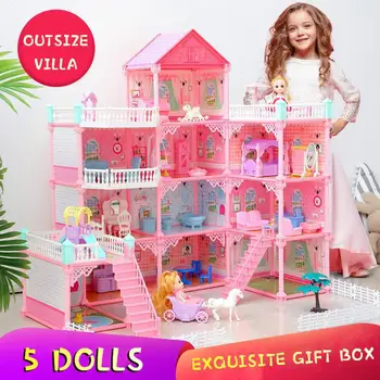 הנסיכה תאורה וילה Diy בית בובות ורוד הטירה המשחק חדר עם הבובה ערכת הרכבה בבית בובות ילדה צעצוע מתנת יום הולדת משפחתי צעצוע
