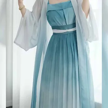 הקיץ סיני Hanfu השמלה 3pcs שיפור הסגנון המודרני מסורתי צבע תכלת קרדיגן מעיל+עליון+חצאית 3pcs סטים Hanfu נקבה