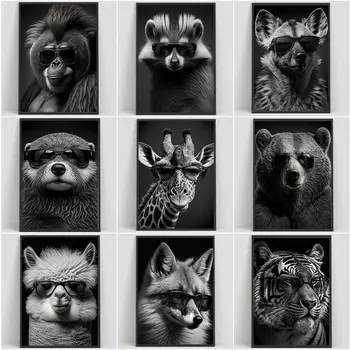 חיות מגניבות משקפי שמש דיוקן שחור ולבן פוסטרים הדפסה ארנב קוף אריה בד ציור קיר חדר אמנות עיצוב הבית