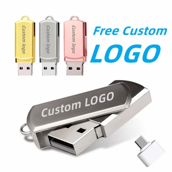 חם מכירה חופשי מותאם אישית סטודיו לוגו צבע מתכת רוטרי USB2.0 כונן פלאש 32GB 64GB 128GB זיכרון עם טבעת+Type-C מתאם