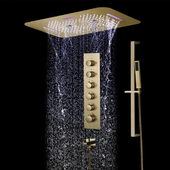 יוקרה מוברש, זהב מוסתר מקלחת מפל הגשם פליז חדר מקלחת ברז סט של עמודת המים חכם מקלחת מערכות מלבן