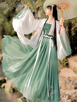 ירוק טרי צילום תמונה Hanfu הנשי המקורי חצאית חצאית מלאה שרוולים המותניים רחב סתיו סגנון בגדים היומית
