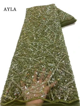 ירוק כבד חרוזים תחרה בד יוקרה בדובאי צרפתית טול תחרה בד רצף בד לנשים תפירה צד שמלת הכלה 5 מטר