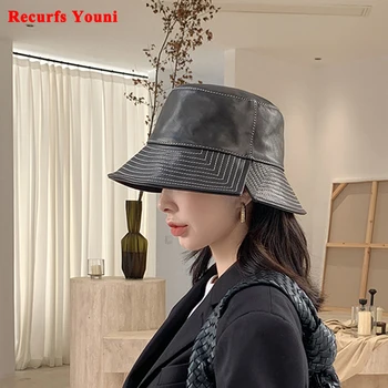 כובעי נשים חידוש הנשי קו לבן עור אמיתי גדולה אפס מקום דייג כובעי אופנה קוריאנית עור מפוצל אגן סומבררו