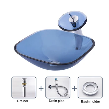 כחול אמבטיה כיור משטח זכוכית מחוסמת אגן אמנות אגן זכוכית שקוף הכיור כיור רחצה עם ברז
