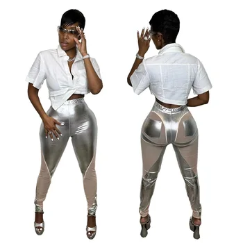 כסף Faux עור חותלות לנשים 2023 Y2K בגדי אופנה סלים מכנסיים PU Leahter רשת Capris תיקון המכנסיים מועדון אופנת רחוב