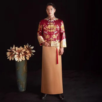 מסורתי גברים בורגנדי הדרקון רקמה החתונה צ ' יפאו בסגנון סיני תלבושות החתן לבוש שמלת китайская одежда