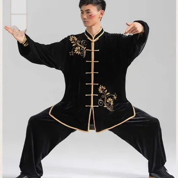 מעובה יוניסקס קונג פו תלבושת סתיו חורף קטיפה רקמת טאי צ ' י אימון בגדים אומנויות לחימה ביצועים תלבושת