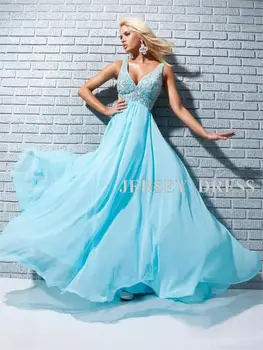 משלוח חינם למסיבה 2018 vestidos formales שמיים כחולים V-צוואר חרוזים כלה מקסי ארוכה עיצוב סיום שמלות שושבינה