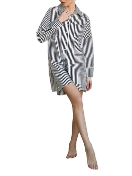 נשים בלבוש קליל 2 חתיכה טרקלין להגדיר שרוול ארוך הדש הקדמי כפתור פס להדפיס חולצה עם אלסטי המותניים התחתונים להגדיר עבור הלבשת לילה