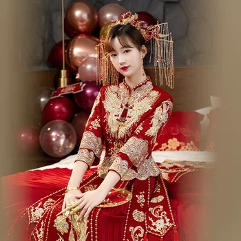 נשים פיניקס רקמה Cheongsam שמלת חתונה אלגנטית הכלה הסינית מסורתית בסגנון טוסט בגדים טאנג חליפה