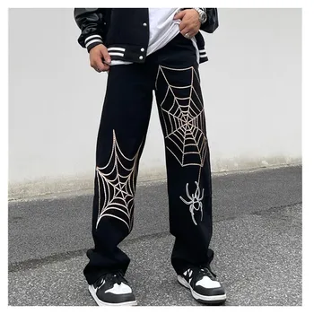 עכביש Oversize ג ' ינס מכנסיים רחבים גברים נוער רקמה אישה מכנסיים 2023 מגמות בגדים של גברים קוריאנים בגדים Trendyol מזדמן