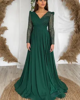 שיפון שמלת ערב עם שרוולים ארוכים שמלות לנשף קו A-O-צוואר Beadings קפלים באורך קרסול ערב הסעודית נשים שמלת מסיבת