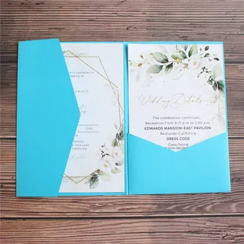 שמיים כחולים הזמנות לחתונה tri-fold כיס אלגנטי כפרי תעודות נישואין אישית להכניס עיצוב כרטיס רב צבעים